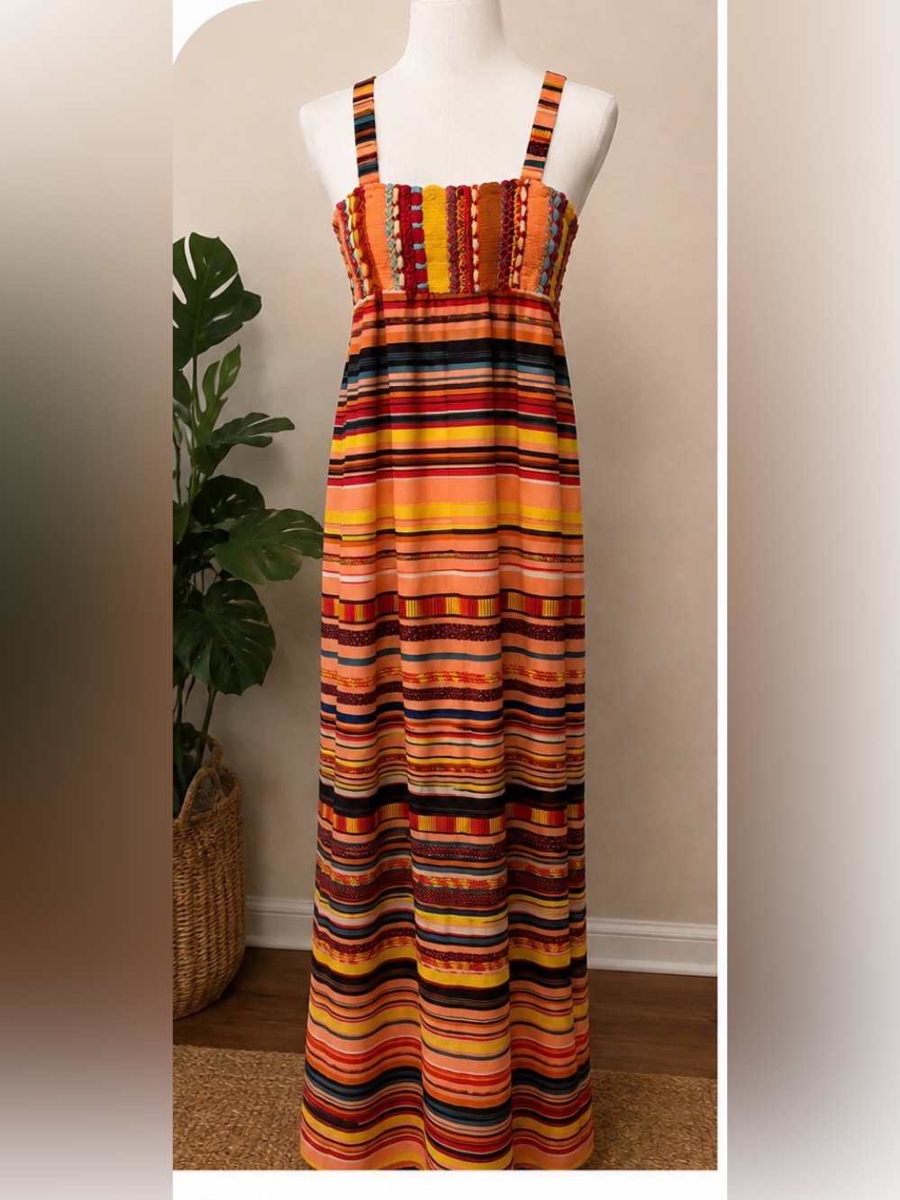 Aqua Bendita Artesano Multicolor Striped Embroidered Maxi Dress Boho Resort S